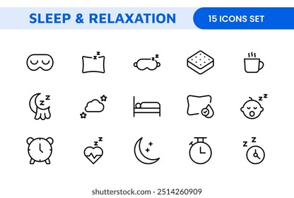 Sleep and Relaxation Icon Collection: Perfect for Wellness Apps, Meditation Tools, Sleep Aids, Stress Relief Techniques, and Calm Living Spaces.