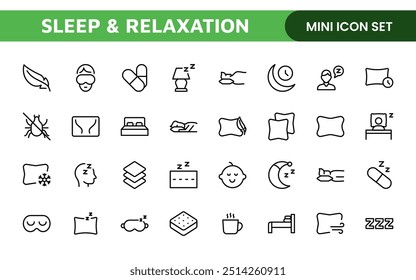 Sleep and Relaxation Icon Collection: Perfect for Wellness Apps, Meditation Tools, Sleep Aids, Stress Relief Techniques, and Calm Living Spaces.