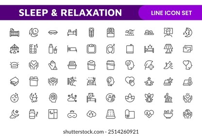 Sleep and Relaxation Icon Collection: Perfect for Wellness Apps, Meditation Tools, Sleep Aids, Stress Relief Techniques, and Calm Living Spaces.