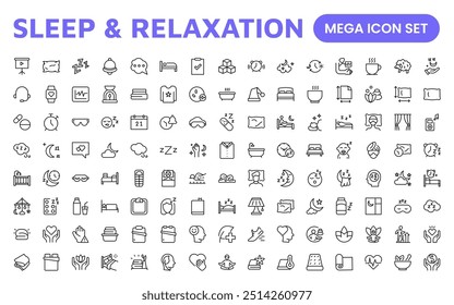 Sleep and Relaxation Icon Collection: Perfect for Wellness Apps, Meditation Tools, Sleep Aids, Stress Relief Techniques, and Calm Living Spaces.