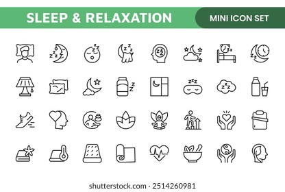 Sleep and Relaxation Icon Collection: Perfect for Wellness Apps, Meditation Tools, Sleep Aids, Stress Relief Techniques, and Calm Living Spaces.