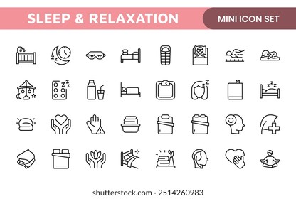 Sleep and Relaxation Icon Collection: Perfect for Wellness Apps, Meditation Tools, Sleep Aids, Stress Relief Techniques, and Calm Living Spaces.