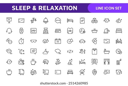 Sleep and Relaxation Icon Collection: Perfect for Wellness Apps, Meditation Tools, Sleep Aids, Stress Relief Techniques, and Calm Living Spaces.