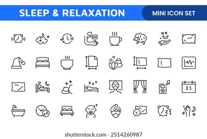 Sleep and Relaxation Icon Collection: Perfect for Wellness Apps, Meditation Tools, Sleep Aids, Stress Relief Techniques, and Calm Living Spaces.