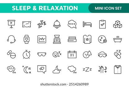 Sleep and Relaxation Icon Collection: Perfect for Wellness Apps, Meditation Tools, Sleep Aids, Stress Relief Techniques, and Calm Living Spaces.