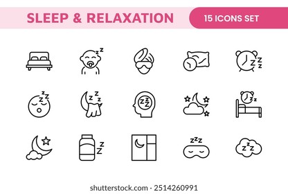 Sleep and Relaxation Icon Collection: Perfect for Wellness Apps, Meditation Tools, Sleep Aids, Stress Relief Techniques, and Calm Living Spaces.