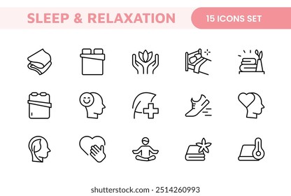 Sleep and Relaxation Icon Collection: Perfect for Wellness Apps, Meditation Tools, Sleep Aids, Stress Relief Techniques, and Calm Living Spaces.