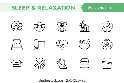 Sleep and Relaxation Icon Collection: Perfect for Wellness Apps, Meditation Tools, Sleep Aids, Stress Relief Techniques, and Calm Living Spaces.