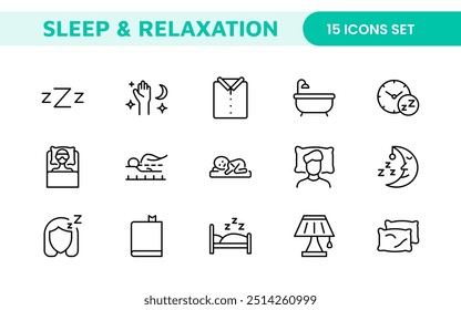 Sleep and Relaxation Icon Collection: Perfect for Wellness Apps, Meditation Tools, Sleep Aids, Stress Relief Techniques, and Calm Living Spaces.