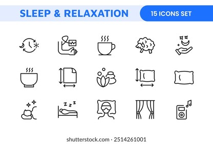 Sleep and Relaxation Icon Collection: Perfect for Wellness Apps, Meditation Tools, Sleep Aids, Stress Relief Techniques, and Calm Living Spaces.