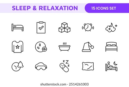 Sleep and Relaxation Icon Collection: Perfect for Wellness Apps, Meditation Tools, Sleep Aids, Stress Relief Techniques, and Calm Living Spaces.