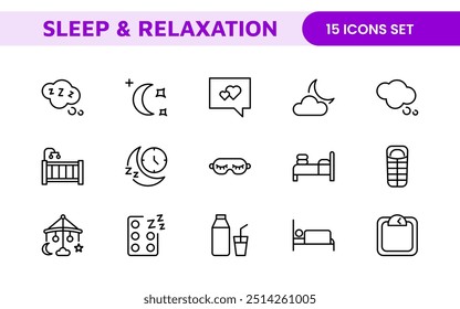 Sleep and Relaxation Icon Collection: Perfect for Wellness Apps, Meditation Tools, Sleep Aids, Stress Relief Techniques, and Calm Living Spaces.