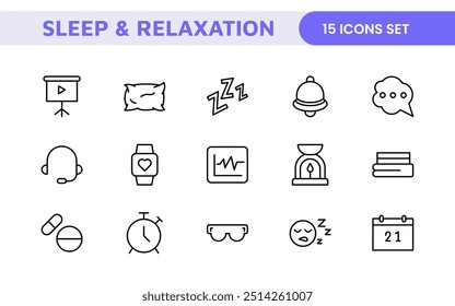 Sleep and Relaxation Icon Collection: Perfect for Wellness Apps, Meditation Tools, Sleep Aids, Stress Relief Techniques, and Calm Living Spaces.