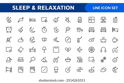 Sleep and Relaxation Icon Collection: Perfect for Wellness Apps, Meditation Tools, Sleep Aids, Stress Relief Techniques, and Calm Living Spaces.