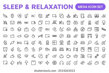 Sleep and Relaxation Icon Collection: Perfect for Wellness Apps, Meditation Tools, Sleep Aids, Stress Relief Techniques, and Calm Living Spaces.