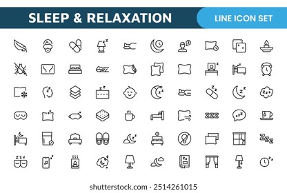 Sleep and Relaxation Icon Collection: Perfect for Wellness Apps, Meditation Tools, Sleep Aids, Stress Relief Techniques, and Calm Living Spaces.