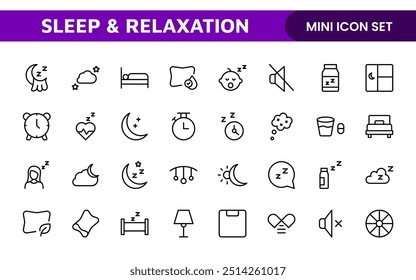 Sleep and Relaxation Icon Collection: Perfect for Wellness Apps, Meditation Tools, Sleep Aids, Stress Relief Techniques, and Calm Living Spaces.