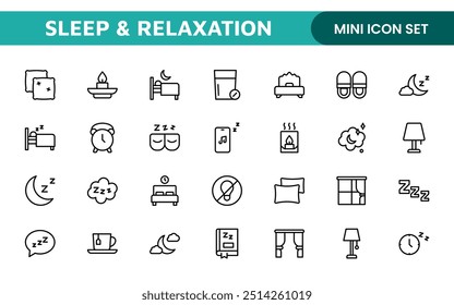 Sleep and Relaxation Icon Collection: Perfect for Wellness Apps, Meditation Tools, Sleep Aids, Stress Relief Techniques, and Calm Living Spaces.