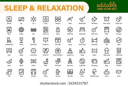 Sleep and Relaxation Icon Collection. Perfect for Wellness Apps, Meditation Tools, Sleep Aids, Stress Relief Techniques, and Calm Living Spaces.