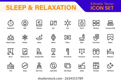 Sleep and Relaxation Icon Collection. Perfect for Wellness Apps, Meditation Tools, Sleep Aids, Stress Relief Techniques, and Calm Living Spaces.