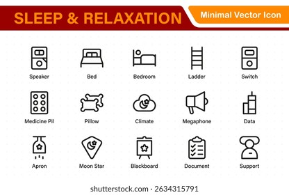 Coleção de Ícones de Suspensão e Relaxamento. Perfeito para aplicativos de bem-estar, ferramentas de meditação, soníferos, técnicas de alívio de estresse e espaços de vida calmos.