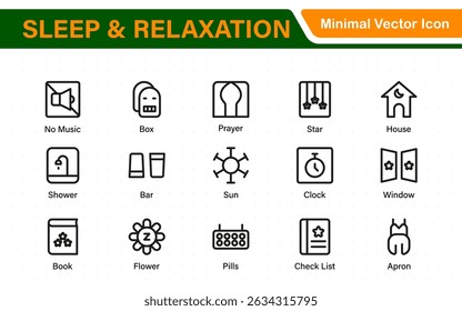Sleep and Relaxation Icon Collection. Perfect for Wellness Apps, Meditation Tools, Sleep Aids, Stress Relief Techniques, and Calm Living Spaces.