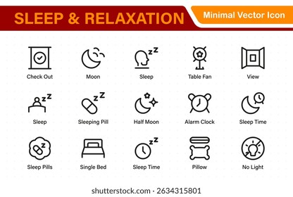Sleep and Relaxation Icon Collection. Perfect for Wellness Apps, Meditation Tools, Sleep Aids, Stress Relief Techniques, and Calm Living Spaces.