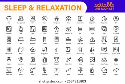 Sleep and Relaxation Icon Collection. Perfect for Wellness Apps, Meditation Tools, Sleep Aids, Stress Relief Techniques, and Calm Living Spaces.