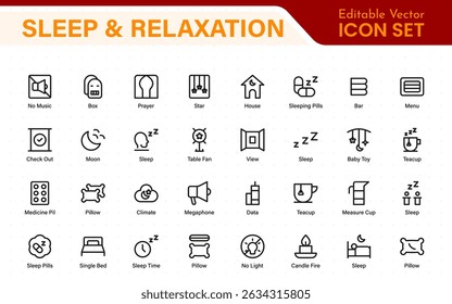 Sleep and Relaxation Icon Collection. Perfect for Wellness Apps, Meditation Tools, Sleep Aids, Stress Relief Techniques, and Calm Living Spaces.