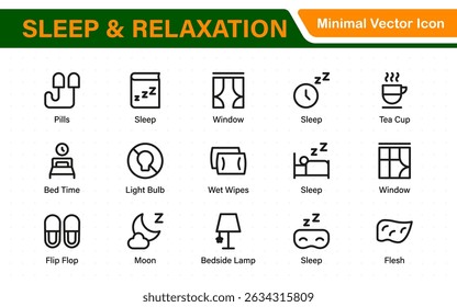 Sleep and Relaxation Icon Collection. Perfect for Wellness Apps, Meditation Tools, Sleep Aids, Stress Relief Techniques, and Calm Living Spaces.