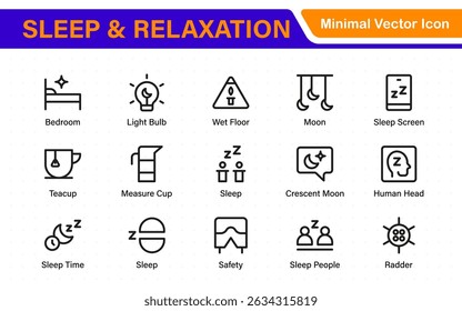 Sleep and Relaxation Icon Collection. Perfect for Wellness Apps, Meditation Tools, Sleep Aids, Stress Relief Techniques, and Calm Living Spaces.