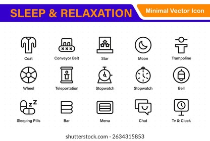 Sleep and Relaxation Icon Collection. Perfect for Wellness Apps, Meditation Tools, Sleep Aids, Stress Relief Techniques, and Calm Living Spaces.