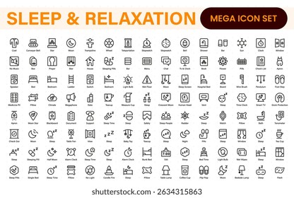 Sleep and Relaxation Icon Collection. Perfect for Wellness Apps, Meditation Tools, Sleep Aids, Stress Relief Techniques, and Calm Living Spaces.
