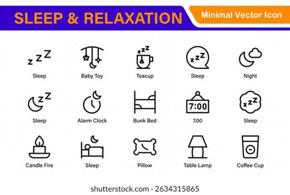 Sleep and Relaxation Icon Collection. Perfect for Wellness Apps, Meditation Tools, Sleep Aids, Stress Relief Techniques, and Calm Living Spaces.