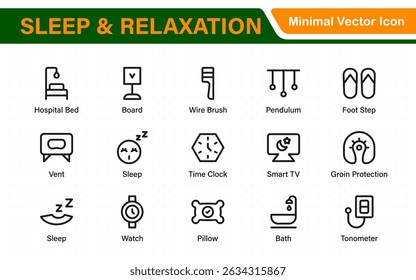 Sleep and Relaxation Icon Collection. Perfect for Wellness Apps, Meditation Tools, Sleep Aids, Stress Relief Techniques, and Calm Living Spaces.