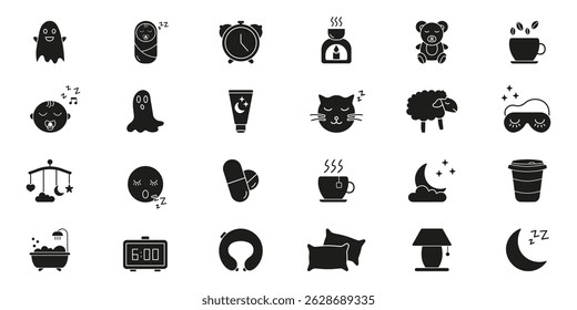 Sleep And Relaxation Icon Set. Sleep Aids, Nighttime Comfort, Relaxation Elements. Bedtime Routine, Restful Sleep, And Relaxation Silhouette Symbol Collection. Isolated Vector Illustration.