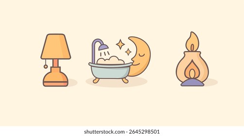 Sleep and relaxation icon set with lamp, aromatherapy diffuser, and bathtub for night routine, wellness, mental health, and bedtime visual assets