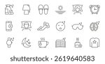 Sleep And Relaxation Line Icon Set. Restful Sleep, Relaxation Techniques, Nighttime Routine Outline Symbol Collection. Sleep Hygiene And Wellness. Editable Stroke. Isolated Vector Illustration.