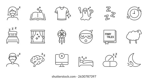 Sleep And Relaxation Line Icon Set. Bedtime Routine, Dream Interpretation, And Sleep Hygiene Outline Symbol Collection. Nighttime Rest And Relaxation. Editable Stroke. Isolated Vector Illustration.