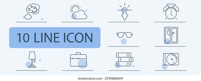 Sleep and relaxation set icon. Dream, weather, sunset, alarm, sleeping mask, night window, lamp, briefcase, book stack, vinyl record.