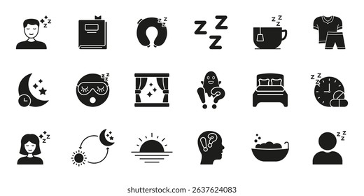 Sleep And Relaxation Solid Icon Set. Restful Sleep, Nighttime Routine, And Relaxation Silhouette Symbol Collection. Sleep Hygiene And Wellness. Isolated Vector Illustration.