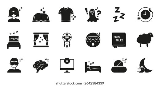 Sleep And Relaxation Solid Icon Set. Bedtime Routine, Dreaming, And Restful Sleep Silhouette Symbol Collection. Sleep Hygiene And Nighttime Habits. Isolated Vector Illustration.