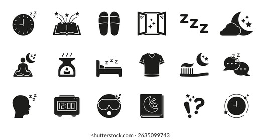 Sleep And Relaxation Themed Solid Icon Set. Nighttime Routine, Restful Sleep, Relaxation Silhouette Symbol Collection. Includes Meditation, Aromatherapy, Bedtime. Isolated Vector Illustration.