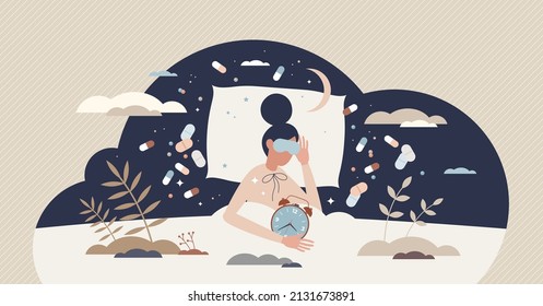 Sleep remedies and insomnia problem caused treatment tiny person concept. Anxiety and depression help with prescription sleeping pills and medicine vector illustration. Unhealthy awake issue in night.