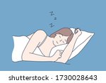 Sleep, rest, dream concept. Young serene tired calm smiling woman or girl cartoon character sleeping lying on bed at room home and taking nap. Resting time and comfortable relaxation illustration.
