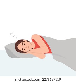 Dormir, descansar, soñar. Joven serena cansada, serena, tranquila sonriente, mujer o caricaturista, durmiendo en la cama en la habitación y tomando siesta. Tiempo de descanso y comodidad.