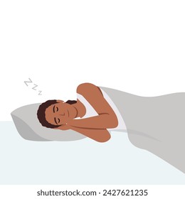 Sleep, rest, dream concept. Young serene tired calm smiling woman or girl cartoon character sleeping lying on bed at room home and taking nap. Resting time and comfortable. Flat vector