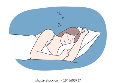 Sleep, rest, dream, nighttime, fatigue, nap, relax, bedroom concept. Sleepy calm smiling woman cartoon character sleeping lying down on bed at home in comfort. Rest comfortable relaxation illustration