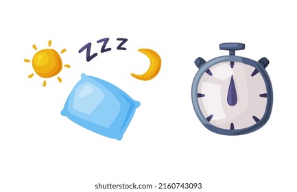 Sleep and rest mode. Pillow and stopwatch vector illustration