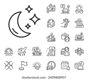 Sleep rest sign. Plane jet, travel map and baggage claim outline icons. Moon line icon. Night lunar symbol. Moon line sign. Car rental, taxi transport icon. Place location. Airport lounge. Vector